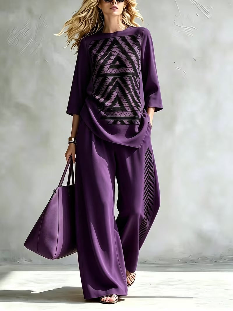 Women’s Boho Pullover & High-Waist Wide-Leg Pants Set