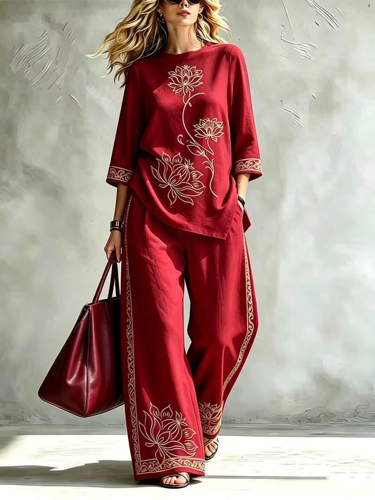 Women’s Lotus Print Round-Neck Top & Wide-Leg Pants Set