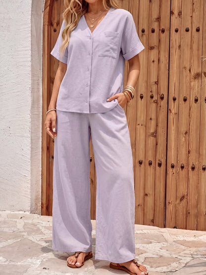 Women’s Relaxed Short-Sleeve Top & Wide-Leg Pants Everyday Set
