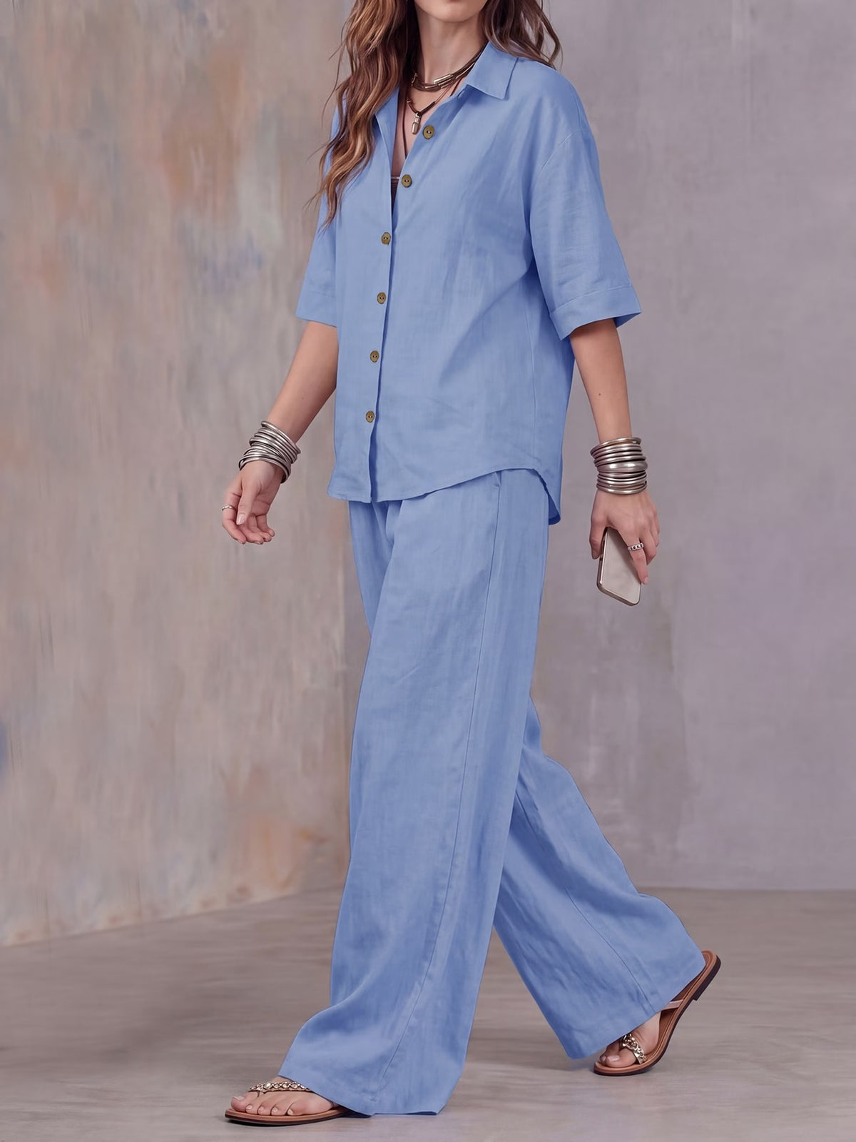Women’s Lightweight Lapel Top & Elastic-Waist Wide-Leg Pants Set