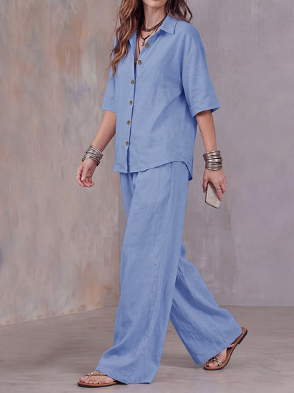 Women’s Lightweight Lapel Top & Elastic-Waist Wide-Leg Pants Set