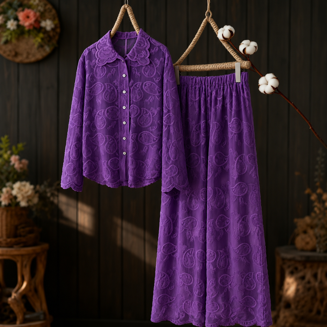 Women’s Artistic Embroidered Wavy-Hem Shirt & Straight-Leg Pants Outfit