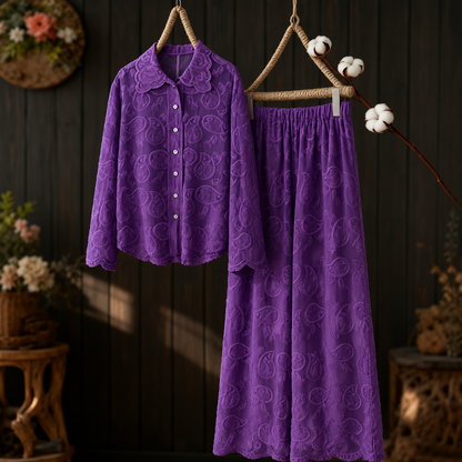 Women’s Artistic Embroidered Wavy-Hem Shirt & Straight-Leg Pants Outfit