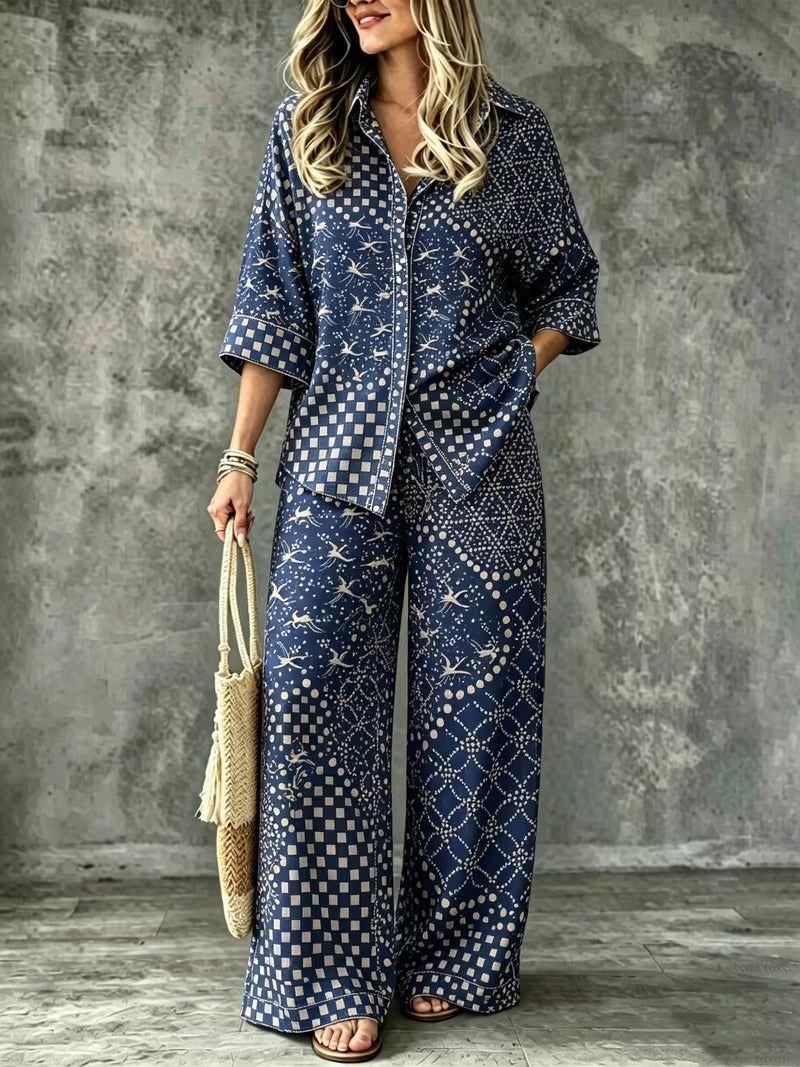 Women’s Vintage-Inspired Shirt & Wide-Leg Pants Co-Ord