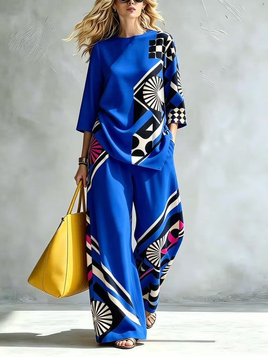 Women’s Casual Round Neck Top & Wide-Leg Pants Set