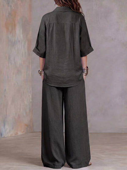 Women’s Lightweight Lapel Top & Elastic-Waist Wide-Leg Pants Set