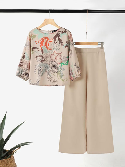 Women’s Lightweight Floral Blouse & Long Trousers 2-Piece Casual Set