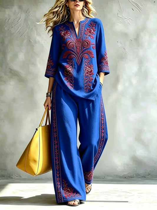 Women’s Retro Floral Loose Top & Wide-Leg Pants Set