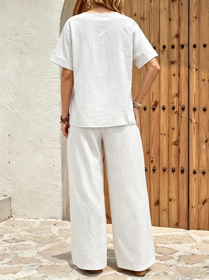 Women’s Relaxed Short-Sleeve Top & Wide-Leg Pants Everyday Set