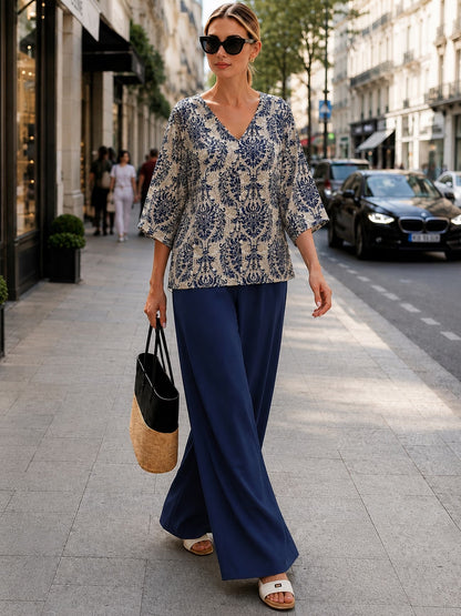 Women’s Boho Paisley Print Batwing Top & Wide-Leg Pants Co-Ord