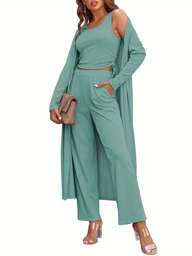 Women’s Long Sleeve Knit Cardigan, Top & Pants Pajama Set