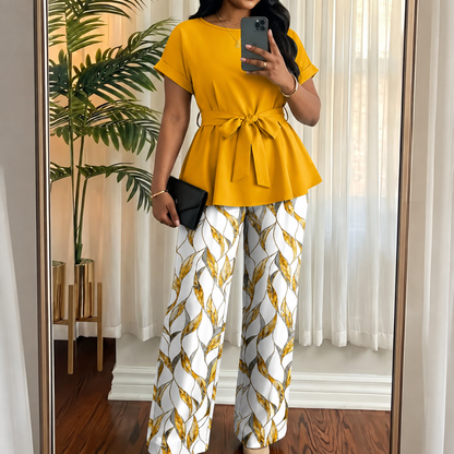 Women’s Short-Sleeve Top & Loose Straight-Leg Pants 2-Piece Set