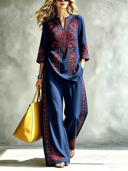 Women’s Retro Floral Loose Top & Wide-Leg Pants Set