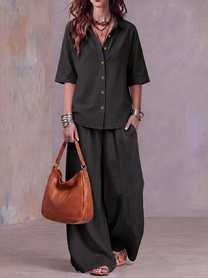 Women’s Lightweight Lapel Top & Elastic-Waist Wide-Leg Pants Set