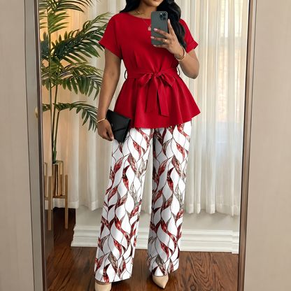 Women’s Short-Sleeve Top & Loose Straight-Leg Pants 2-Piece Set
