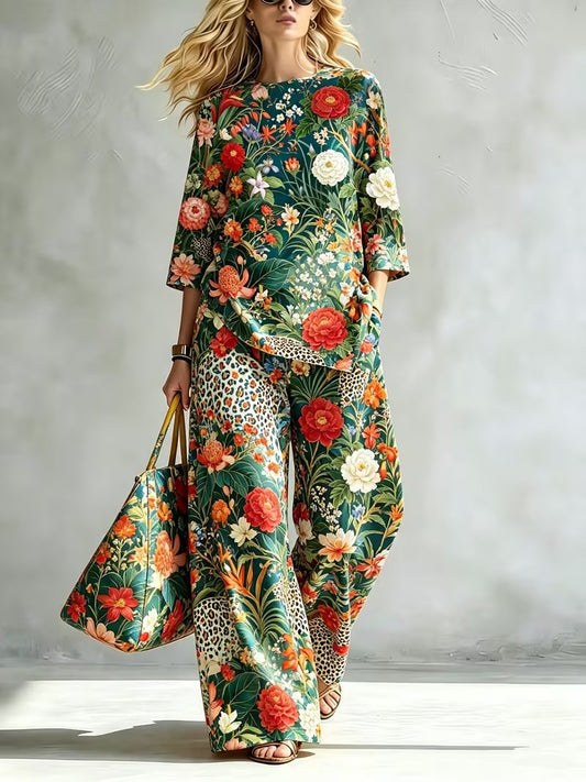 Women’s Elegant Stand Collar Top & Flowing Wide-Leg Pants Co-Ord