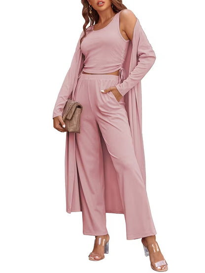 Women’s Long Sleeve Knit Cardigan, Top & Pants Pajama Set