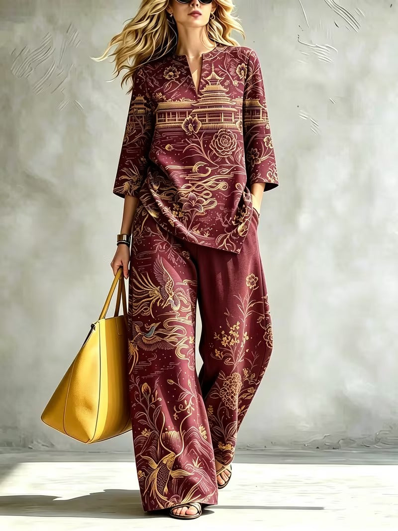 Women’s Elegant Stand Collar Top & Flowing Wide-Leg Pants Co-Ord