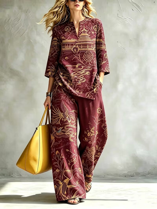Women’s Elegant Stand Collar Top & Flowing Wide-Leg Pants Co-Ord