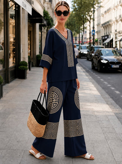 Women’s Boho Paisley Print Batwing Top & Wide-Leg Pants Co-Ord