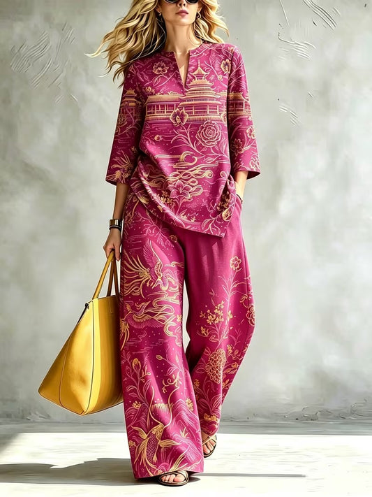 Women’s Elegant Stand Collar Top & Flowing Wide-Leg Pants Co-Ord