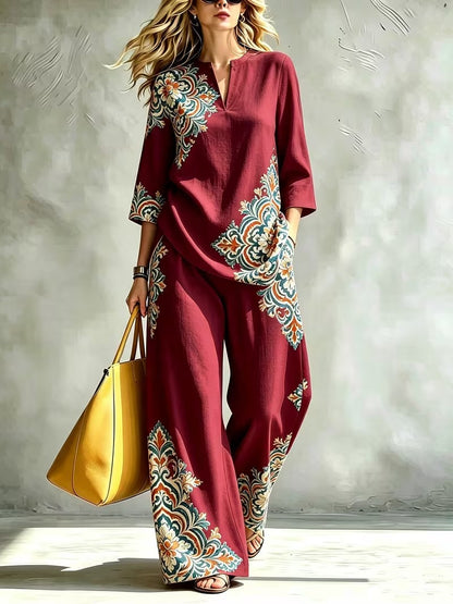 Women’s Exotic Floral Top & Wide-Leg Pants Co-Ord