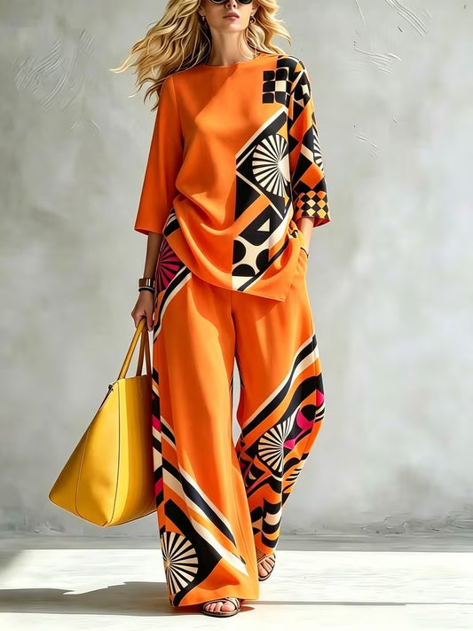 Women’s Casual Round Neck Top & Wide-Leg Pants Set