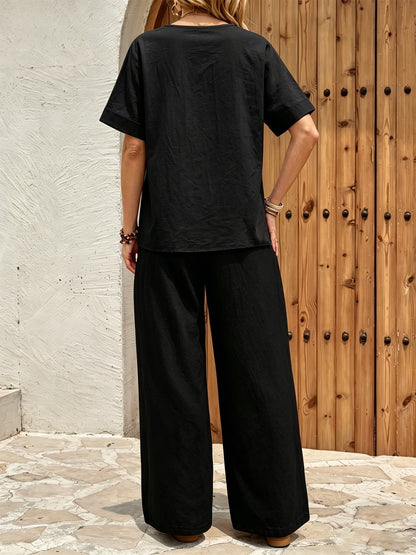 Women’s Relaxed Short-Sleeve Top & Wide-Leg Pants Everyday Set