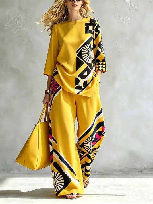 Women’s Casual Round Neck Top & Wide-Leg Pants Set