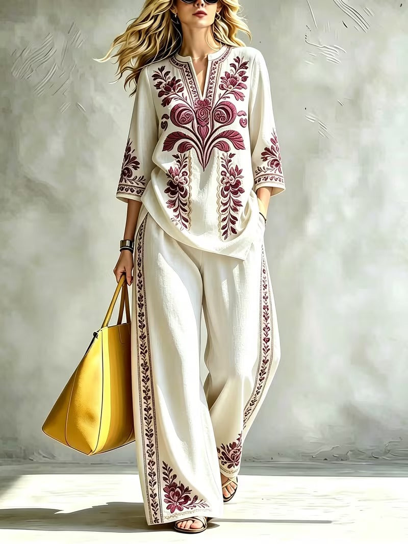 Women’s Retro Floral Loose Top & Wide-Leg Pants Set