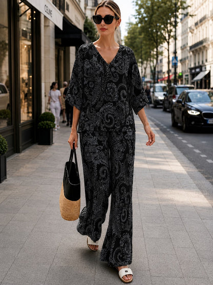 Women’s Boho Paisley Print Batwing Top & Wide-Leg Pants Co-Ord
