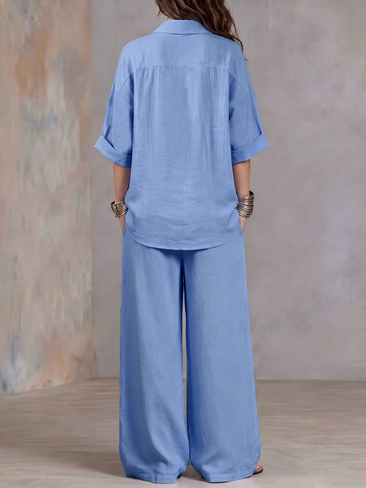 Women’s Lightweight Lapel Top & Elastic-Waist Wide-Leg Pants Set