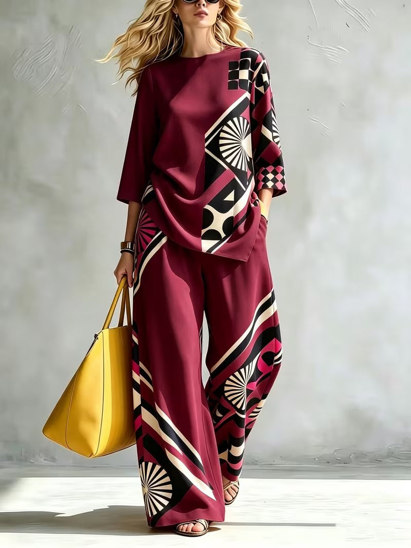 Women’s Casual Round Neck Top & Wide-Leg Pants Set