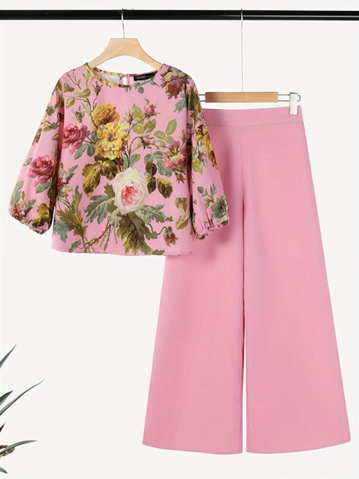 Women’s Lightweight Floral Blouse & Long Trousers 2-Piece Casual Set