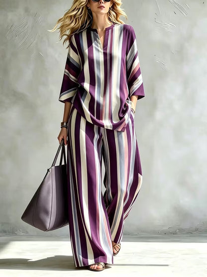 Women’s Loose-Fit Striped Top & Wide-Leg Pants Set