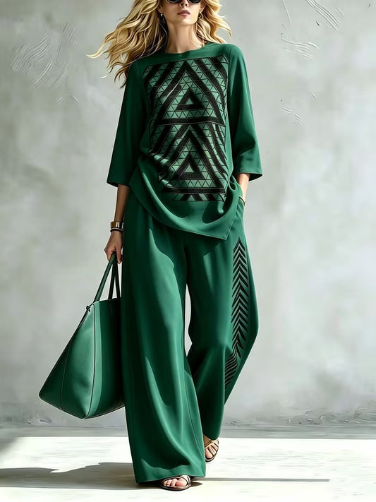 Women’s Boho Pullover & High-Waist Wide-Leg Pants Set