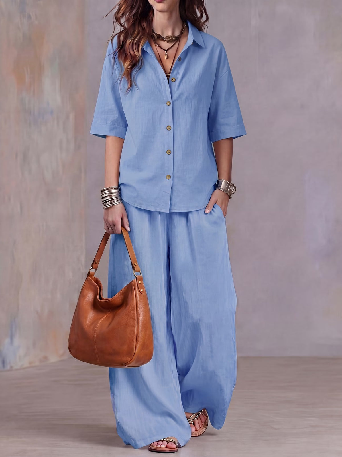 Women’s Lightweight Lapel Top & Elastic-Waist Wide-Leg Pants Set