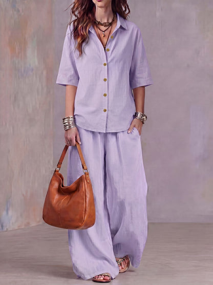 Women’s Lightweight Lapel Top & Elastic-Waist Wide-Leg Pants Set