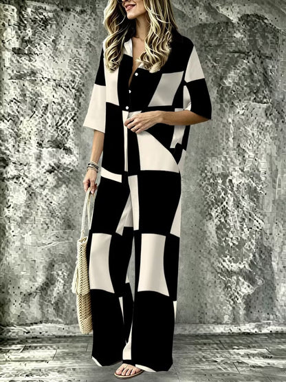 Women’s Casual Lapel Collar & Wide-Leg Pants Set