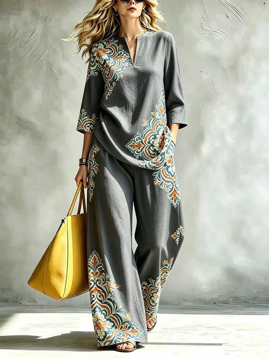 Women’s Exotic Floral Top & Wide-Leg Pants Co-Ord