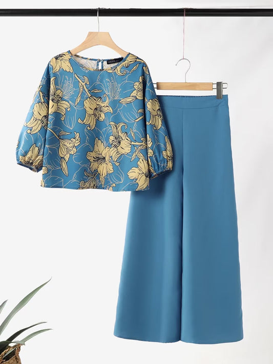 Women’s Lightweight Floral Blouse & Long Trousers 2-Piece Casual Set