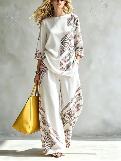 Women’s Casual Round Neck Top & Wide-Leg Pants Set