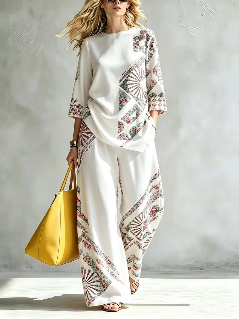 Women’s Casual Round Neck Top & Wide-Leg Pants Set