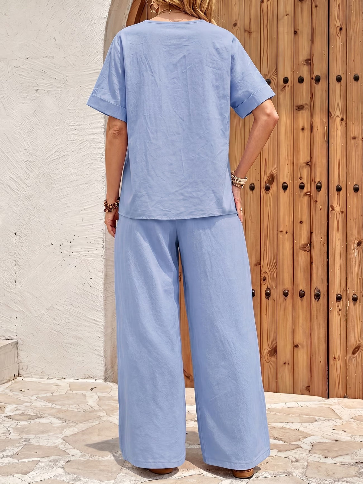 Women’s Relaxed Short-Sleeve Top & Wide-Leg Pants Everyday Set
