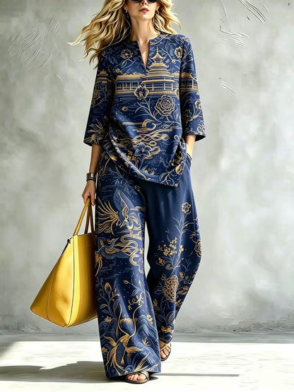 Women’s Elegant Stand Collar Top & Flowing Wide-Leg Pants Co-Ord