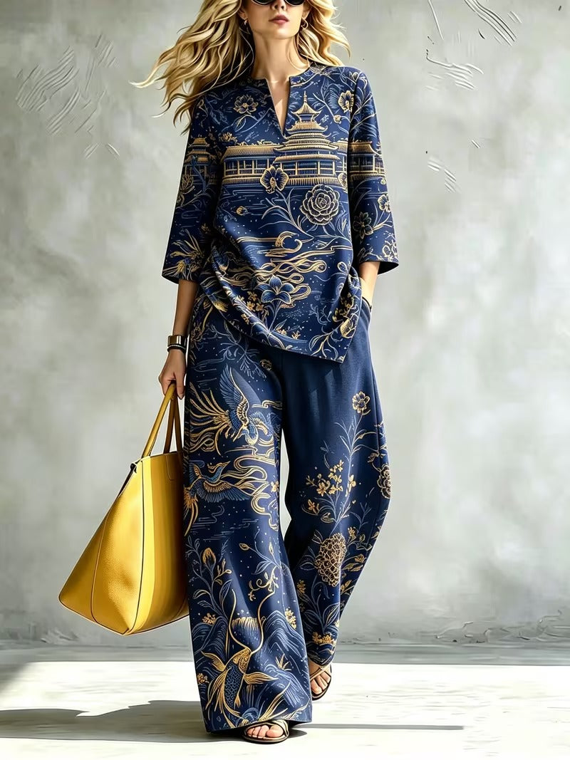 Women’s Elegant Stand Collar Top & Flowing Wide-Leg Pants Co-Ord