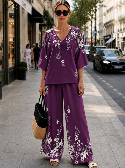 Women’s Boho Paisley Print Batwing Top & Wide-Leg Pants Co-Ord