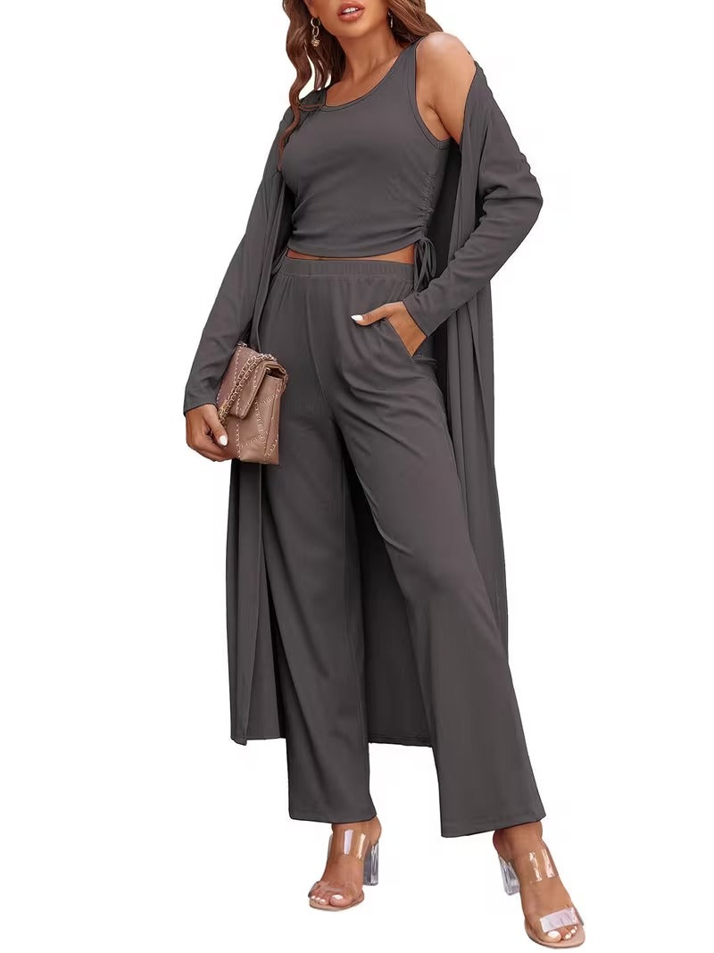 Women’s Long Sleeve Knit Cardigan, Top & Pants Pajama Set