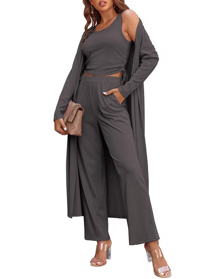 Women’s Long Sleeve Knit Cardigan, Top & Pants Pajama Set