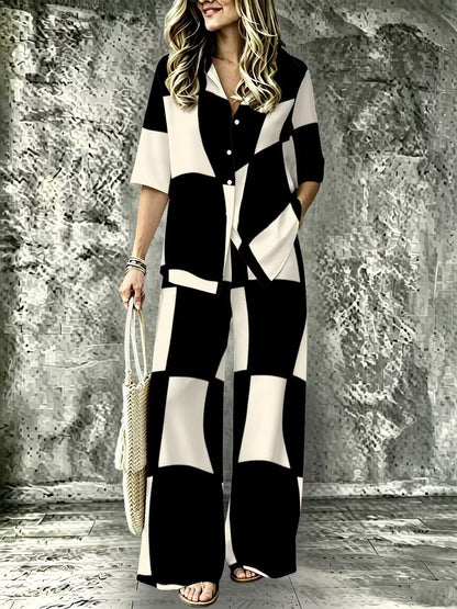 Women’s Casual Lapel Collar & Wide-Leg Pants Set